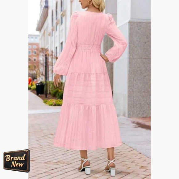 Long Sleeve V Neck Tiered Cotton Maxi Dress with Pockets - Picture 3 of 7